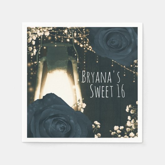 グローランタン素朴ライトブルーブラックバラズ結婚 スタンダードカクテルナプキン (正面)