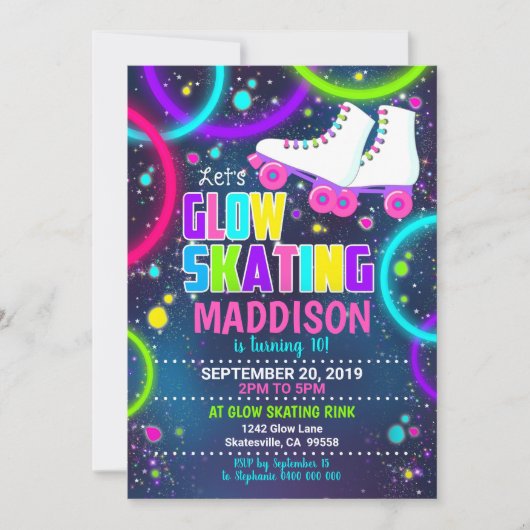 グローローラスケート招待状ローラスケートで滑るパーティー 招待状 (正面)