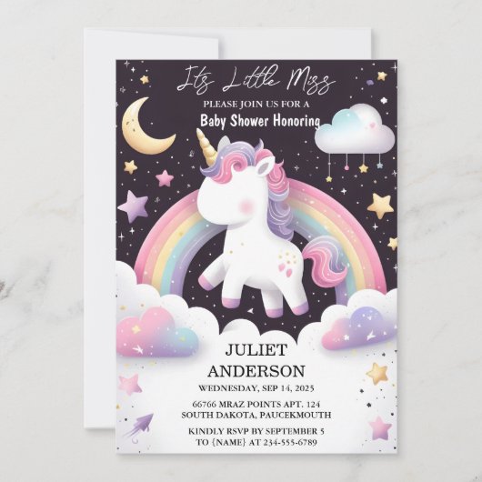 グロー宇宙王室のポニーUnicornベビーガールシャワー 招待状 (正面)