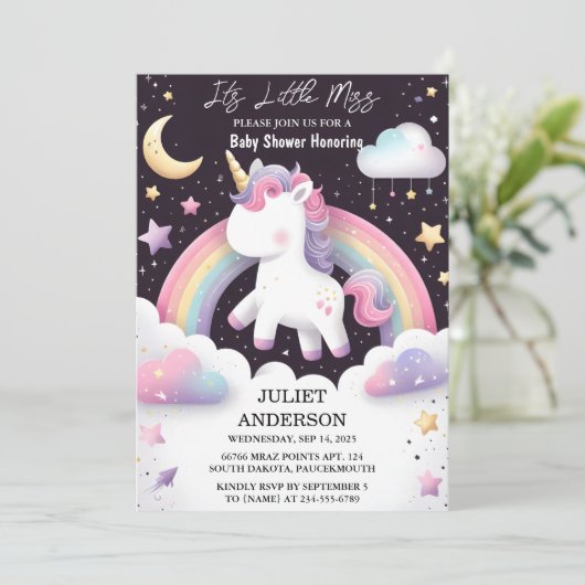 グロー宇宙王室のポニーUnicornベビーガールシャワー 招待状 (スタンド正面)