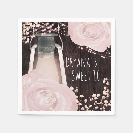 グロー素朴ランタンベビーピンク赤面バラスイーツ16 スタンダードカクテルナプキン (正面)