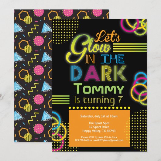 グロー・イン・ザ・ダーク バースデーパーティー オレンジ 招待状 (正面/裏面)