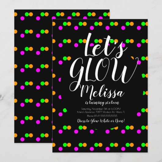 グロー バースデー コンフェッティ ネオン 暗闇で光る パーティー 招待状 (正面/裏面)