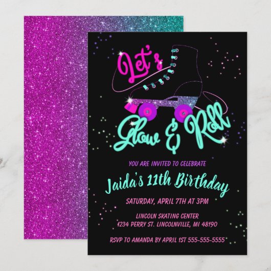グロー ローラー スケート 誕生日 招待状 (正面/裏面)