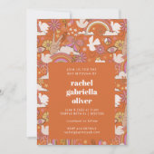 グロー 70年代 レトロ ヒッピーの平和 オレンジ色のバット・ミッツヴァー 招待状 (正面)