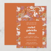 グロー 70年代 レトロ ヒッピーの平和 オレンジ色のバット・ミッツヴァー 招待状 (正面/裏面)