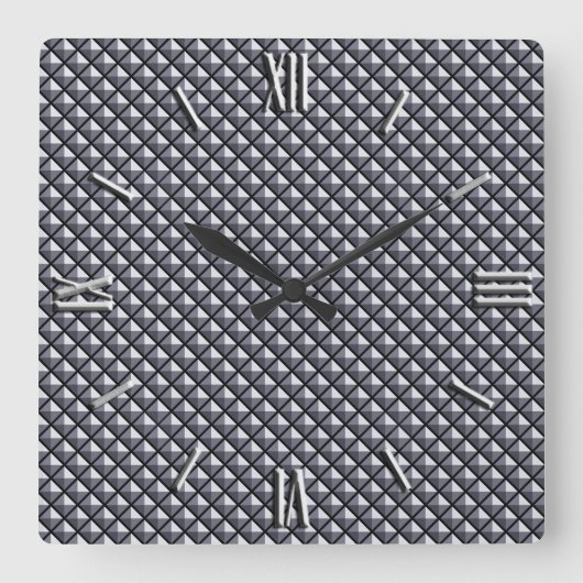 グンメタルグレー、メタリックな外観、スタッズグリッド スクエア壁時計 (正面)