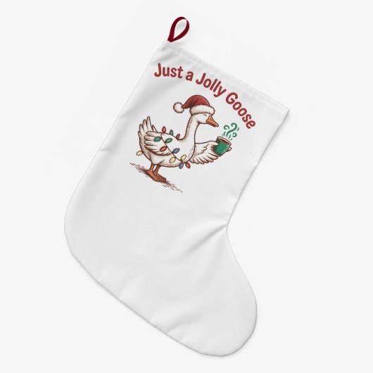 グースすてきのクリスマスグースが抹茶を飲む ラージクリスマスストッキング (正面 (吊り時))