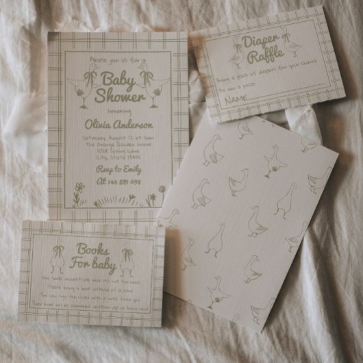 グースハンドドローグリーンニュートラルクラシックベビーシャワー 招待状