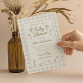 グースハンドドローグリーンニュートラルクラシックベビーシャワー 招待状