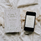 グースハンドドローグリーンニュートラルクラシックベビーシャワー 招待状