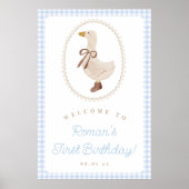 グースブルー間抜けギンガム誕生日ウェルカムサイン ポスター (正面)