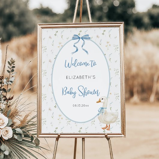 グースブルー間抜けボウフローラベビーシャワーウェルカム ポスター