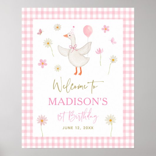 グース春ピンクデイジーファースト誕生日ウェルカム ポスター (正面)