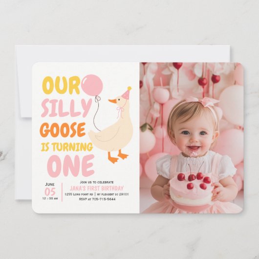 グース間抜けの最初の誕生日招待状と写真 招待状 (正面)