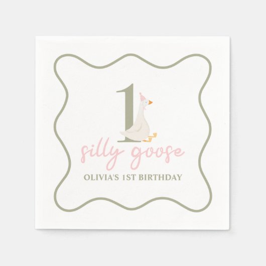 グース間抜けピンクとグリーン スタンダードカクテルナプキン (正面)