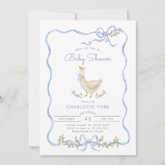 グース間抜けフォトQRコード赤ちゃんシャワー 招待状 (正面)