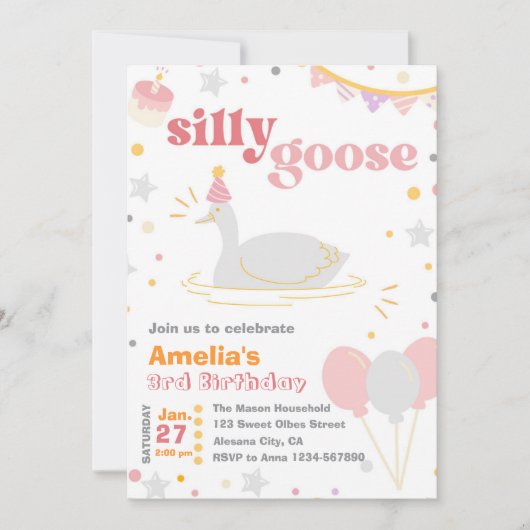 グース間抜け誕生日招待状ピンクガールズ 招待状 (正面)