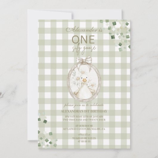 グース間抜け1thバースデーグリーンギンガム 招待状 (正面)