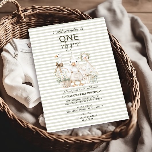 グース間抜け1thバースデーグリーンストライプ 招待状