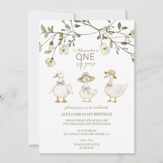 グース間抜け1th誕生日ニュートラルフローラ 招待状 (正面)