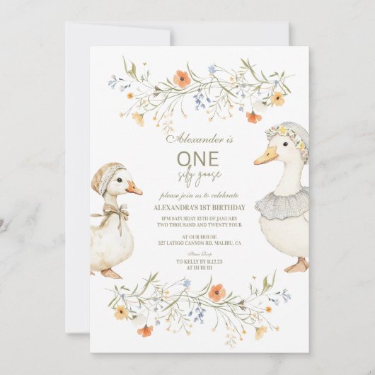 グース間抜け1th誕生日ニュートラルフローラ 招待状 (正面)