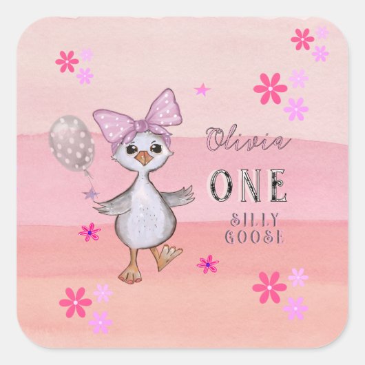 グース間抜け1th誕生日ピンクボウ スクエアシール (正面)