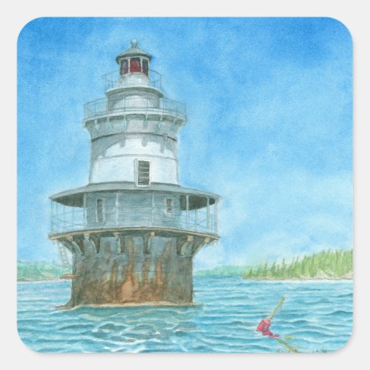 グース・ロックス灯台の水彩画 スクエアシール (正面)