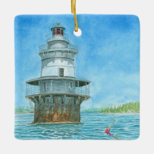 グース・ロックス灯台の水彩画 セラミックオーナメント (正面)