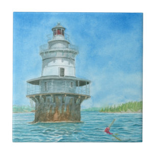 グース・ロックス灯台の水彩画 タイル