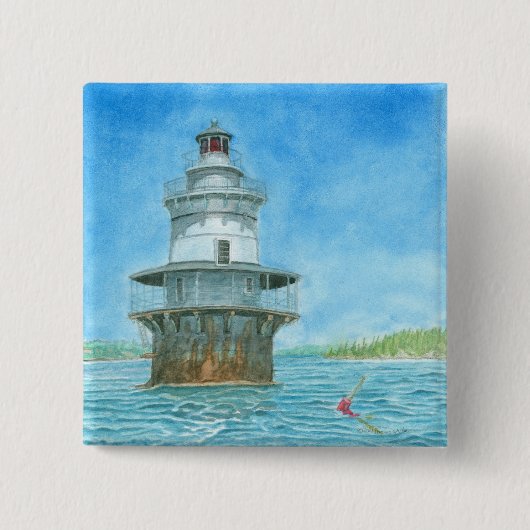 グース・ロックス灯台の水彩画 缶バッジ (正面)
