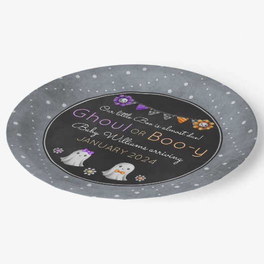 グールまたはブー・イ・ハロウィーンのジェンダーがプレートを明かす ペーパープレート (アングル)