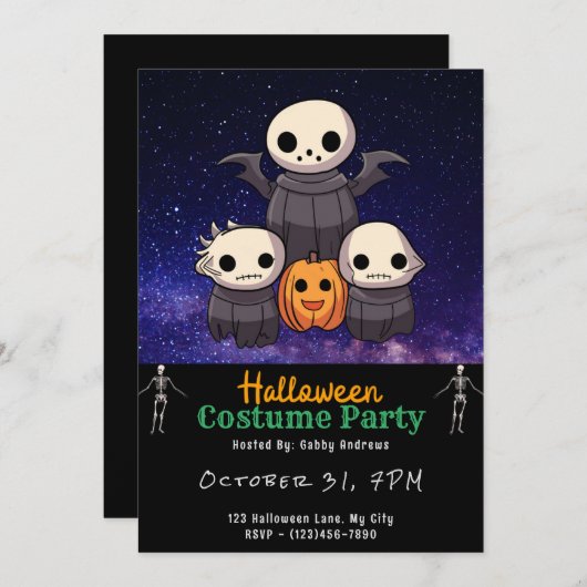 グールズすごいの家族かわいい黒ハロウィーン 招待状 (正面/裏面)