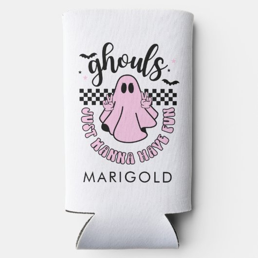 グールズジャストウィーンおもしろいピンク幽霊ハロウィーン スリム缶クーラー (裏面)