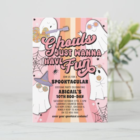 グールズジャストウィーンピンクおもしろいハロウィーン誕生日 招待状 (スタンド正面)