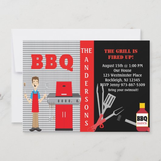 グ市松模様にリルのBBQ招待状 招待状 (正面)