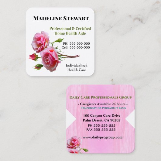 ケアバーフレッシュピンクローズスクエアプロフェッショナル スクエア名刺 (正面/裏面)
