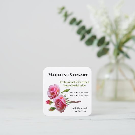 ケアバーフレッシュピンクローズスクエアプロフェッショナル スクエア名刺 (スタンド正面)