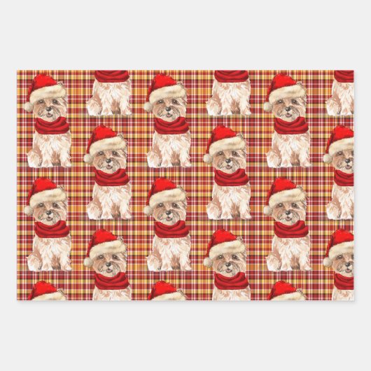 ケアンおもしろいクリスマス犬とホリデープレイド ラッピングペーパーシート (正面3)