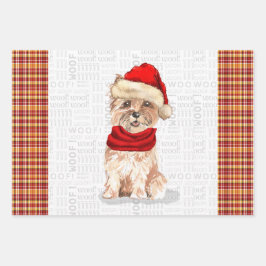 ケアンおもしろいクリスマス犬とホリデープレイド ラッピングペーパーシート