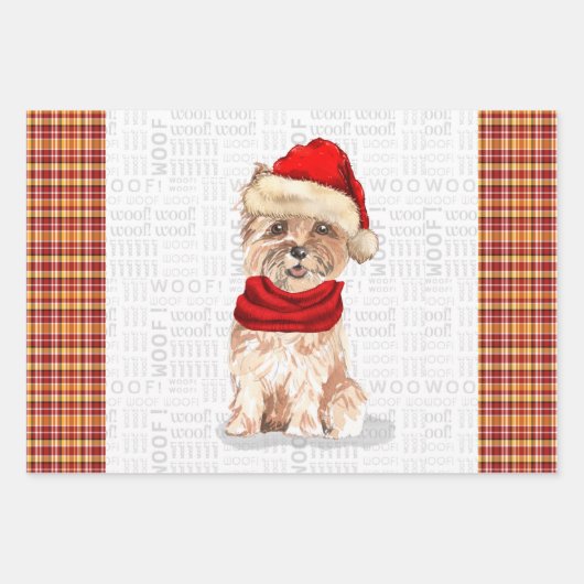 ケアンおもしろいクリスマス犬とホリデープレイド ラッピングペーパーシート (正面)