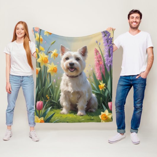 ケアンテリア 犬 春の花の絵画 フリースブランケット (インサイチュ)