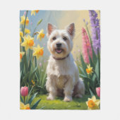 ケアンテリア 犬 春の花の絵画 フリースブランケット (正面)