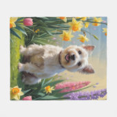 ケアンテリア 犬 春の花の絵画 フリースブランケット (正面(横))