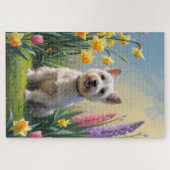 ケアンテリア 犬 春の花 絵画 ジグソーパズル (横)