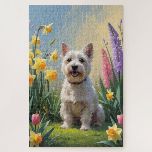 ケアンテリア 犬 春の花 絵画 ジグソーパズル (縦)