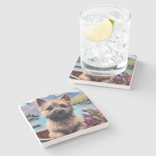 ケアン・テリアがパドルに乗る:風光明媚な冒険 ストーンコースター (横)