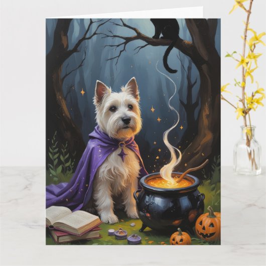 ケアン・テリアの犬のウィスキカルなハロウィンの絵画 カード (黄色い花)