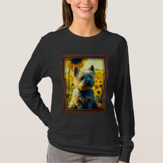 ケアン・テリアの絵画 ひまわりの花 母 女性 Tシャツ