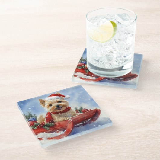 ケアン・テリア犬のソリでそれを雪のクリスマスに許可 ガラスコースター (アングル)
